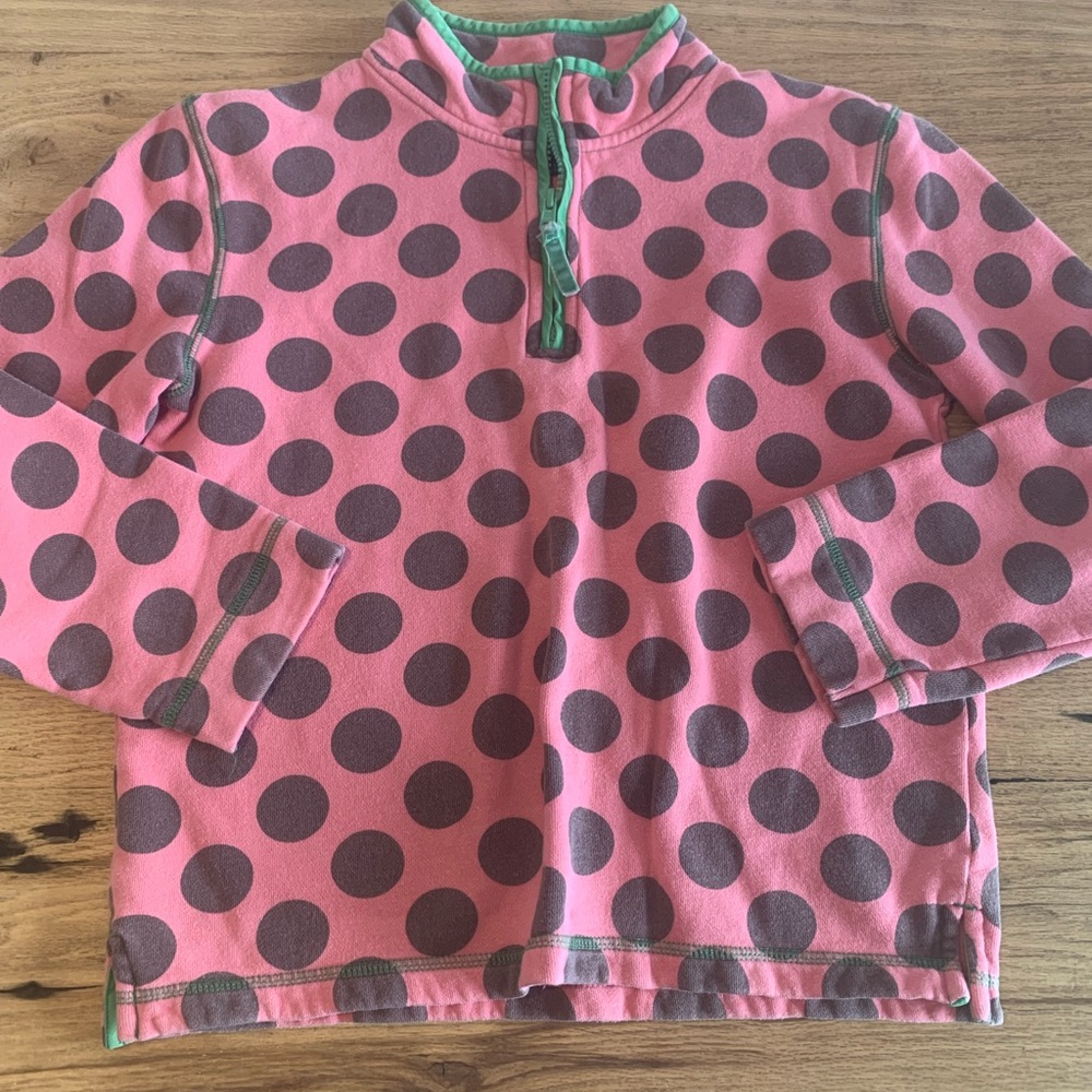 Mini Boden 1/4 Zip Polka Dot Sweatshirt Pink Gray Green Gorls 12 Preloved